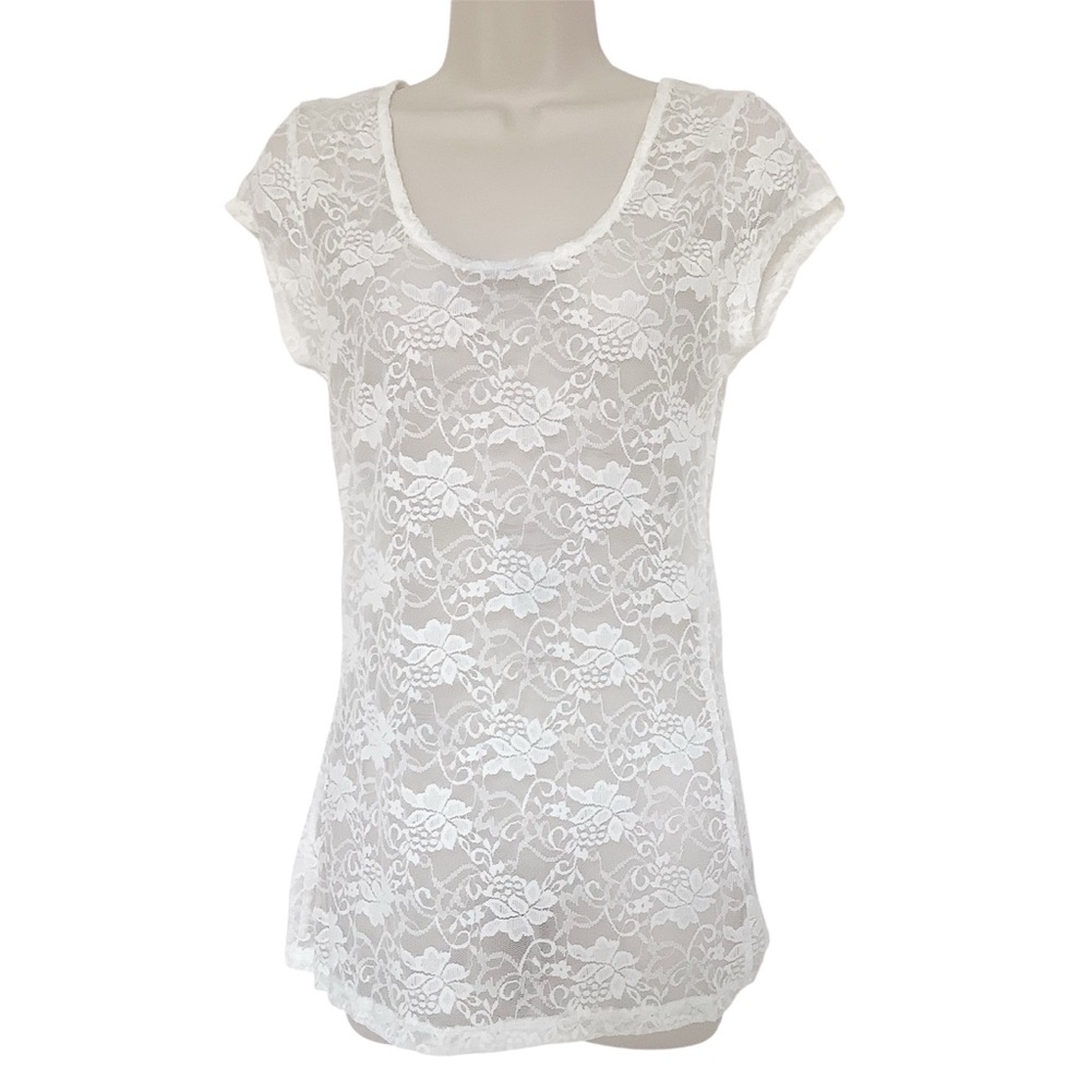 NWT M. Fredric Womens Lace Short Sleeve Top Blouse Size Large Stretch